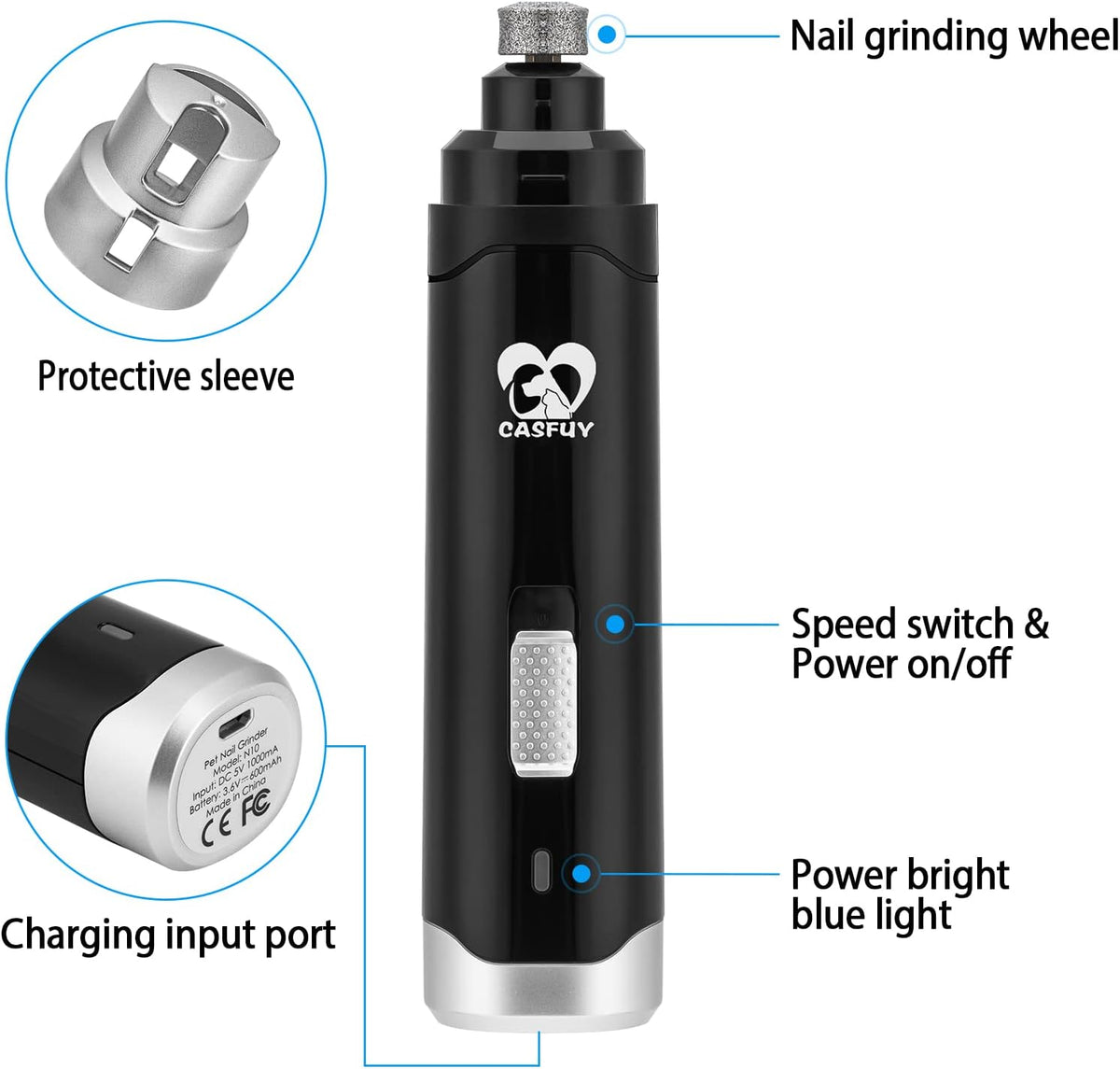 Casfuy Dog Nail Grinder Upgraded - Professional 2-Speed Whisper-Quiet Electric Pet Nail Trimmer Painless Paws Grooming & Smoothing for Small Medium Large Dogs & Cats (Black)