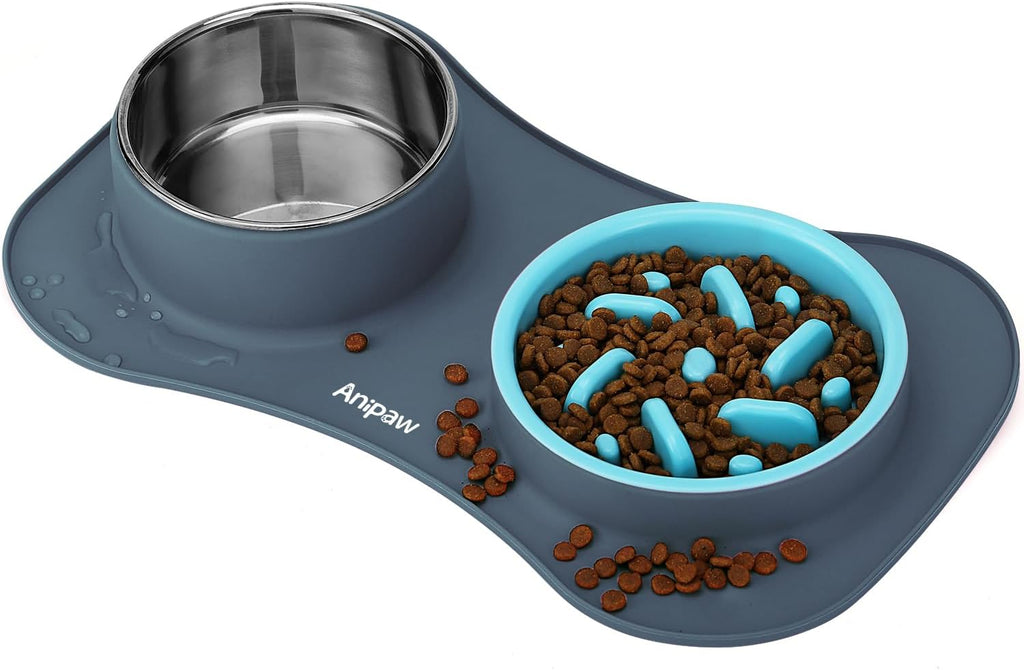 Slow Feeder Dog Bowls 3 in 1 Stainless Steel Food Water Bowl to Slow Eating | Durable, Non-spill & Non-skid with Silicone Mat Design, Slow Down Eating, Suitable for Small Medium Large Dogs and Cats
