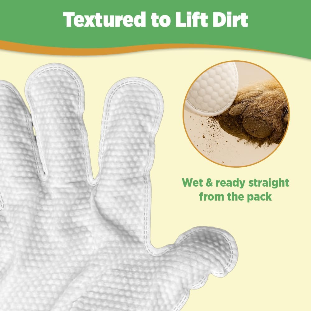 Wondurdog Pet Glove Wipes for Dogs and Cats, No Rinse Grooming, 12 Count