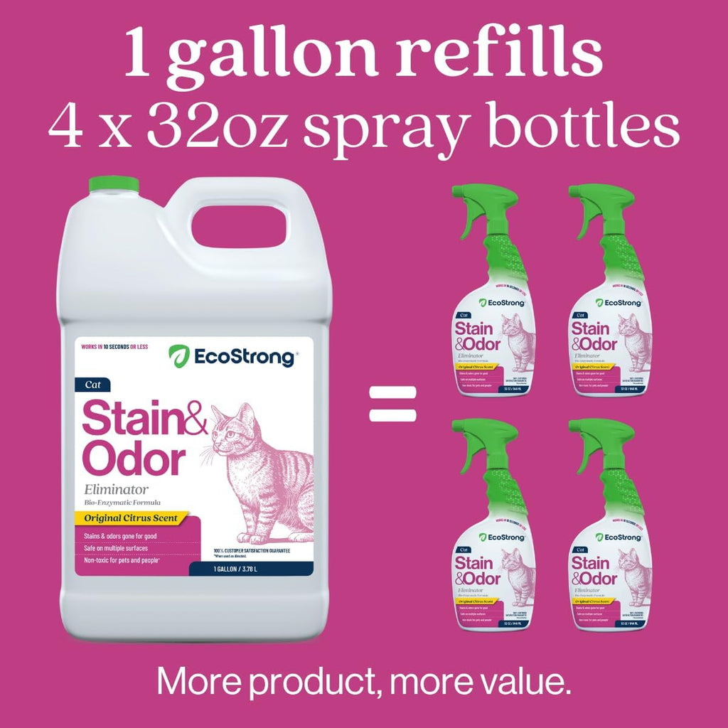 Eco Strong Cat Stain And Odor Remover| Enzyme Urine Odor Neutralizer - Stain Remover for Carpet, Litter Boxes, Bedding, and Laundry [Citrus Scent Gallon Value Size]