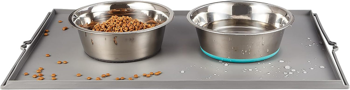 Deep Stainless Steel Anti-Slip Dog Bowls with Silicone Mat - 2 Bowls + Mat, 6 Cups 
