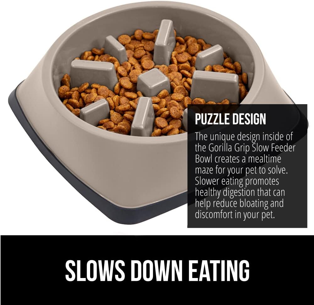 GORILLA GRIP® Patented Slow Feeder Dog and Cat Bowl, BPA Free, 4 Cup Beige