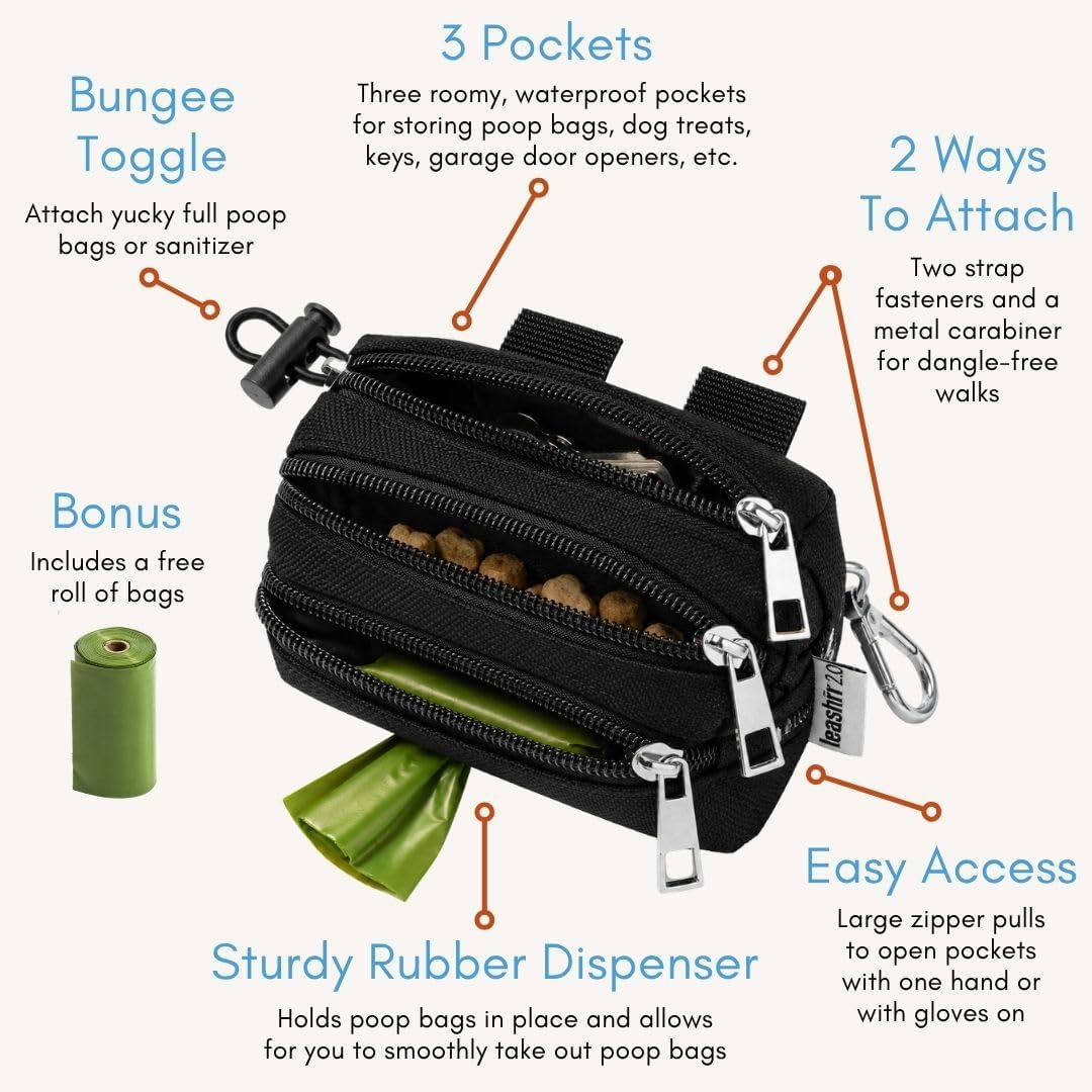 Dog Poop Bag Holder for Leashes and Treat Holder with 3 Waterproof Pouches | Poop Bag Dispenser for Pet Waste Bags and Walking Accessories + 1 Free Roll