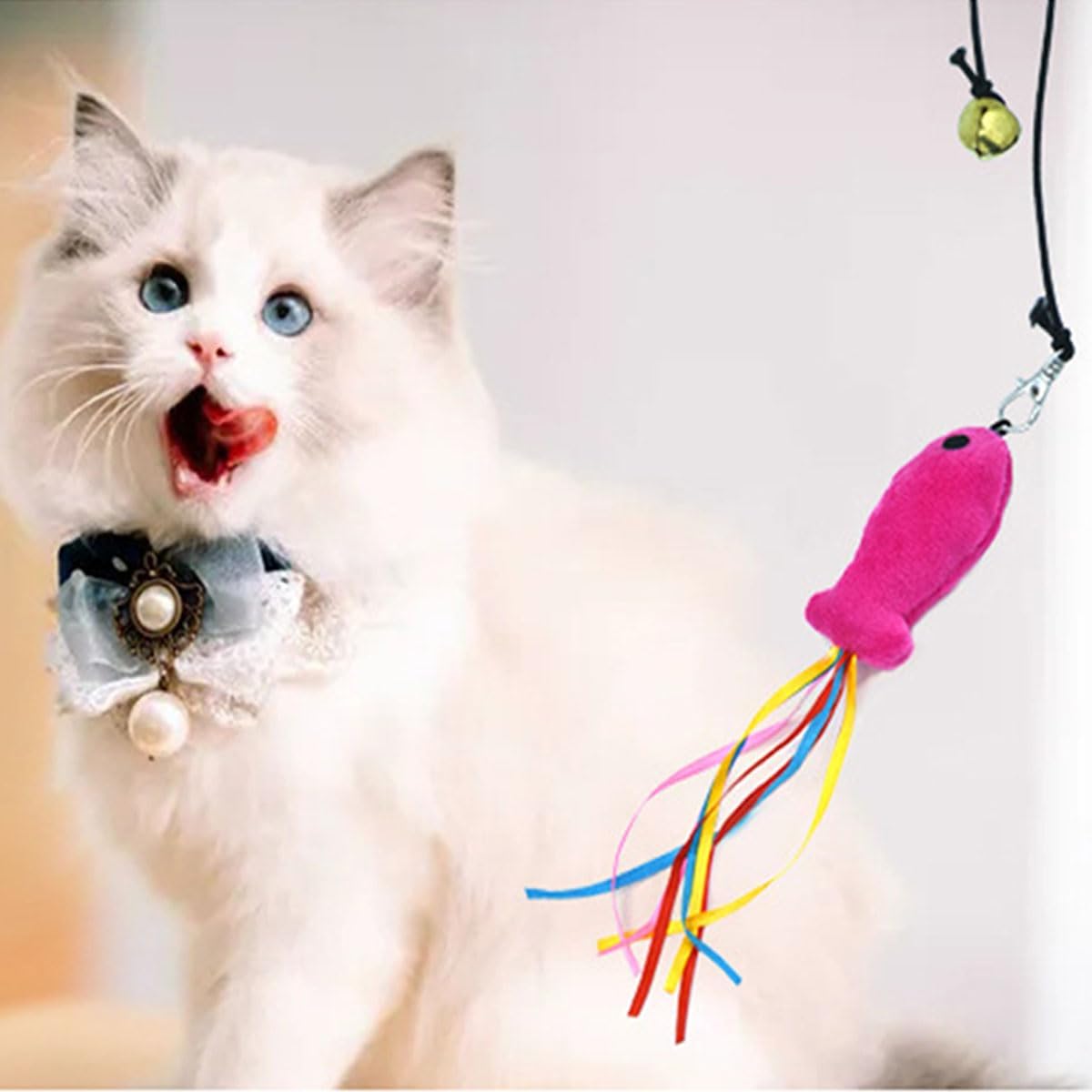 Suction Cup Door Hanging Cat Toy Set, Assorted Replaceable Refills Feather Worm Ribbon Mouse Butterfly Interactive Kitten Play Toy (5Pcs Assorted Set)