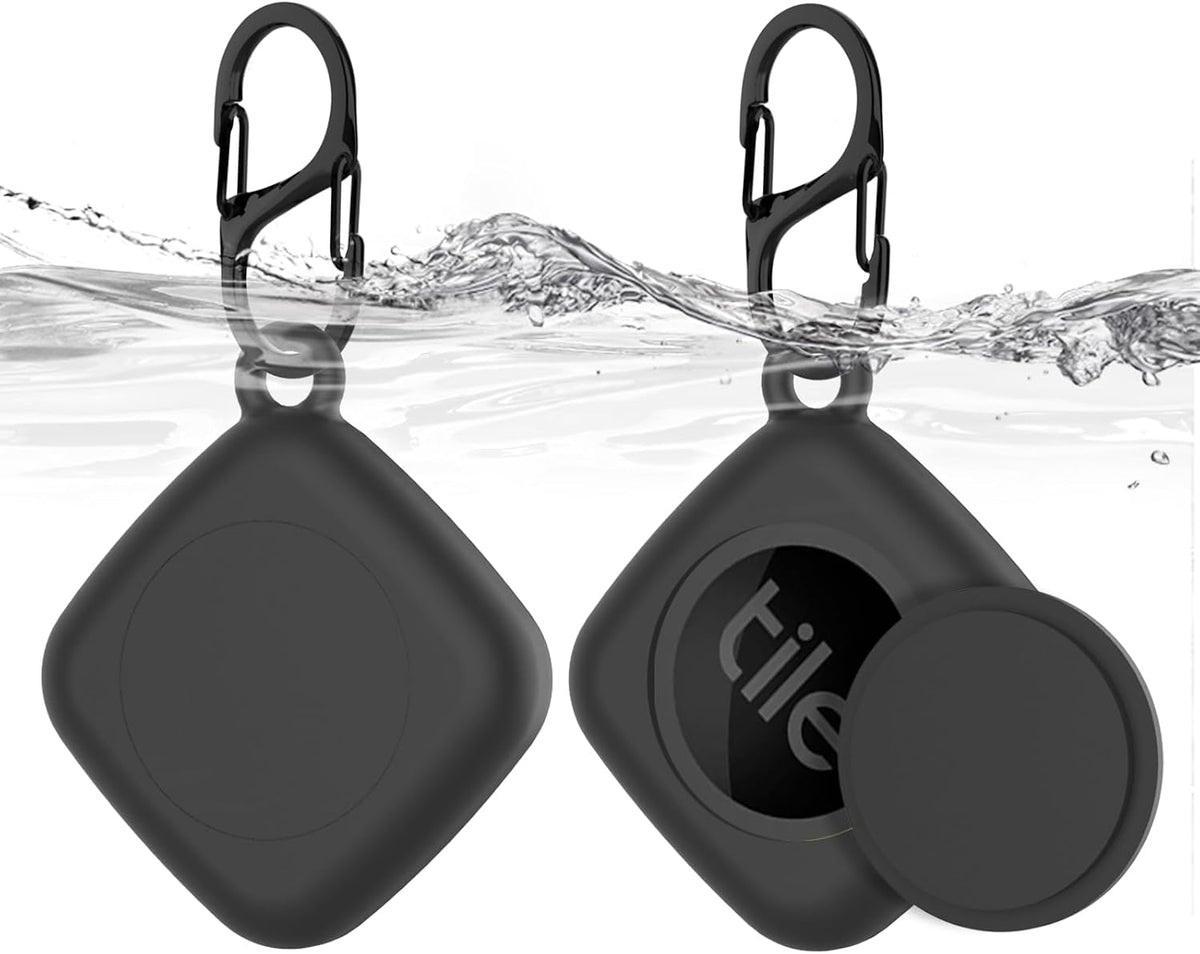 Silicone Case for Life360 Tile Tracker 2 Pack, for Tile Mate 2022 Full Body IPX8 Waterproof and Anti-Scratch Protective with Carabiner for Kids, Keys, Luggage, Cat/Dog Collar Tag (Black+Black)