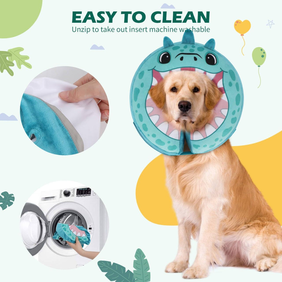 IEUUMLER Inflatable Recovery Dog Collar, Protective Donut Cone, Adjustable Soft Collar for Dog and Cat After Surgery Prevent from Biting & Scratching EU002 - Teal Dinosaur L