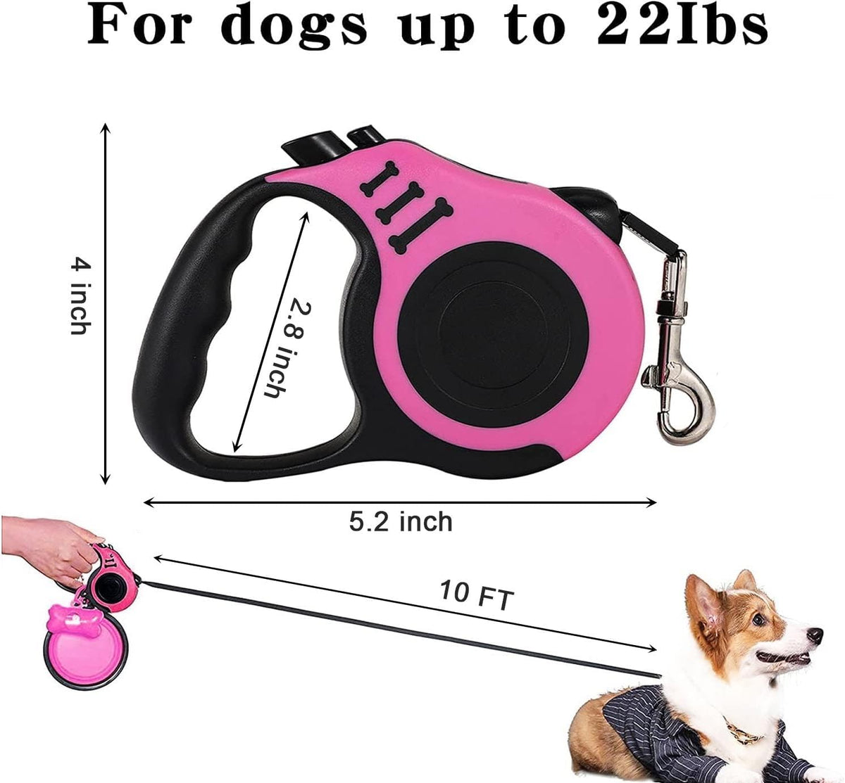 Retractable Dog Leash, Heavy Duty 10FT Leashes, Pink
