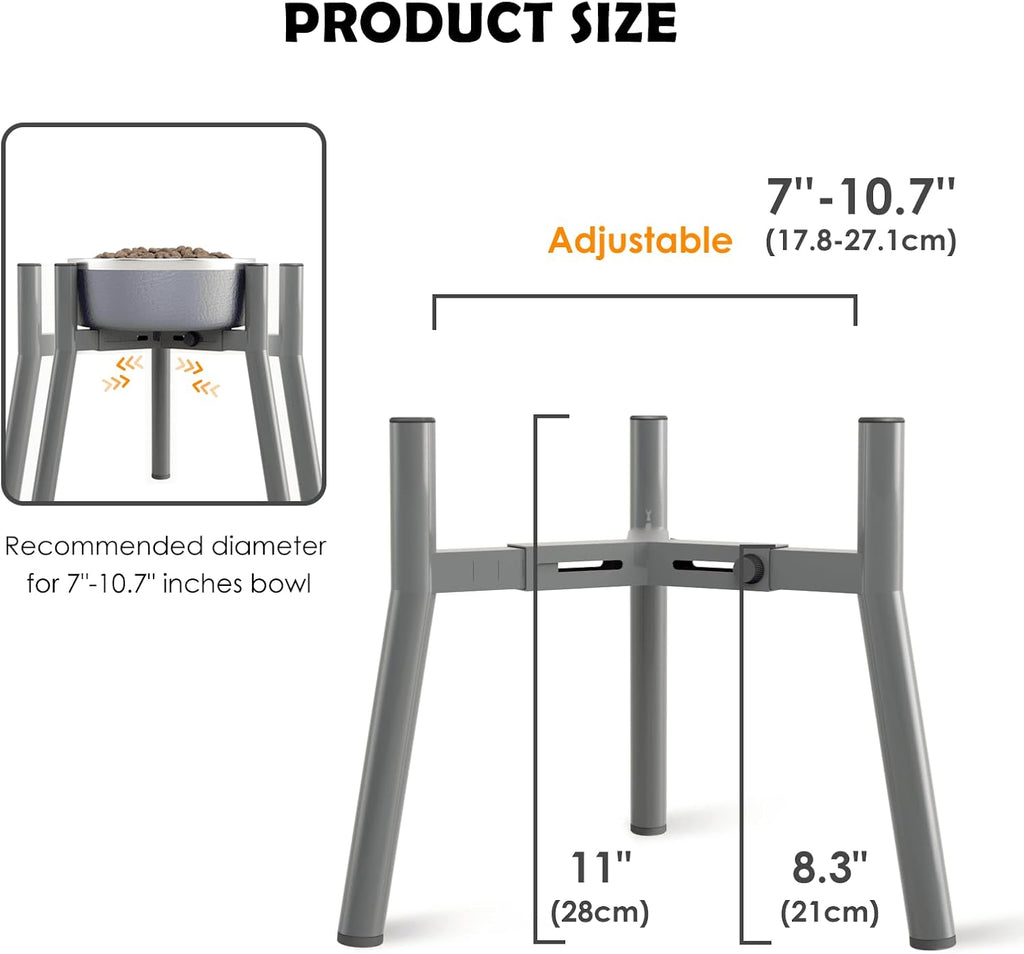 SHAINFUN Grey Metal Stand for Large Dogs, Adjustable Width Tall Elevated Bowls for 7-10.6" Dishes, Food Water Feeder, Raised Holder, 11" Tall (Bowl Not Included)