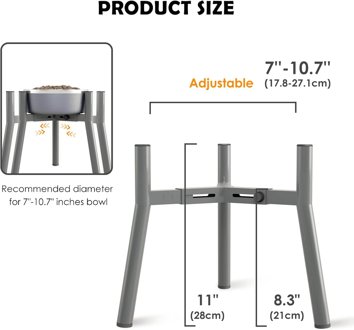 SHAINFUN Grey Metal Stand for Large Dogs, Adjustable Width Tall Elevated Bowls for 7-10.6" Dishes, Food Water Feeder, Raised Holder, 11" Tall (Bowl Not Included)