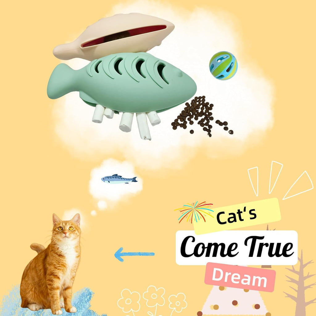 2Packs Silicone Fish Cat Toy with A Bell Ball, Interactive Treat Dispenser and Teething Chewer for Indoor Kittens, Durable Food Puzzle Promotes Mental Stimulation, Reduces Boredom