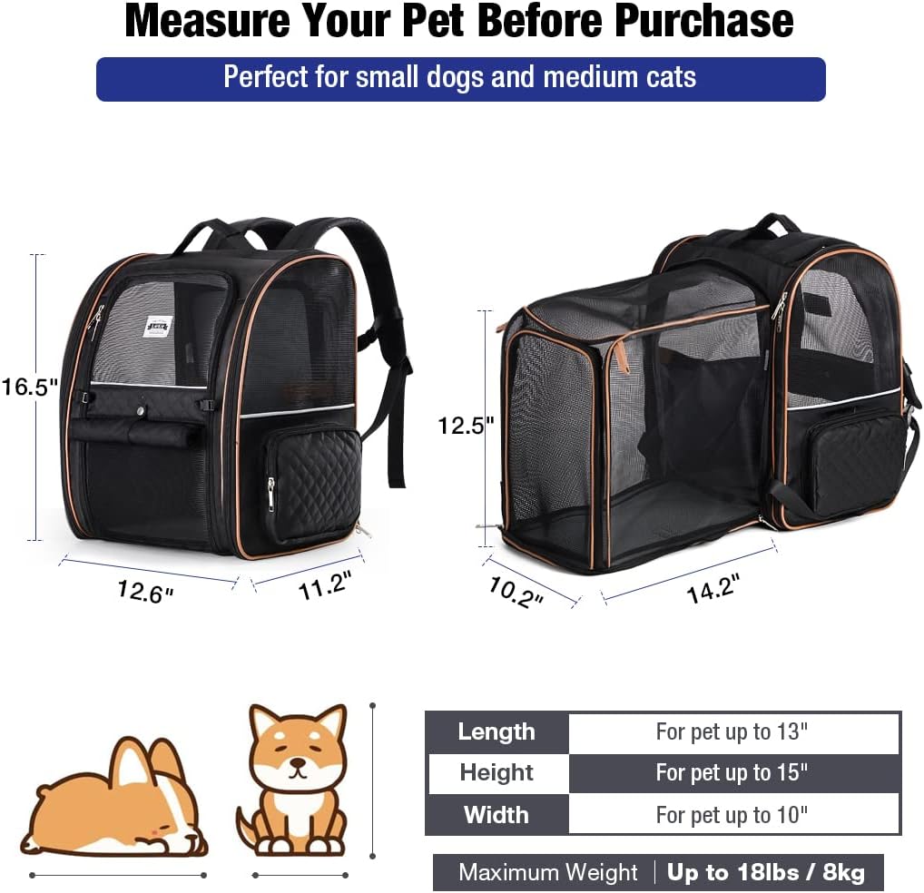 Large Cat Backpack Carrier Expandable Pet Carrier Backpack for Small Dogs Medium Cats Fit Up to 18 Lbs, Dog Backpack Carrier, Foldable Puppy Backpack Carrier for Travel, Black