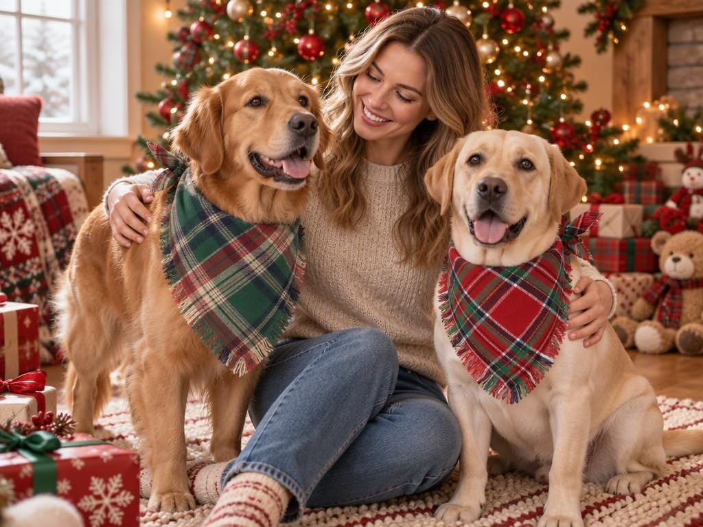 Christmas Dog Bandanas 2PCS-Large,Red-Green Plaid Scarf w/Tassels for Dogs