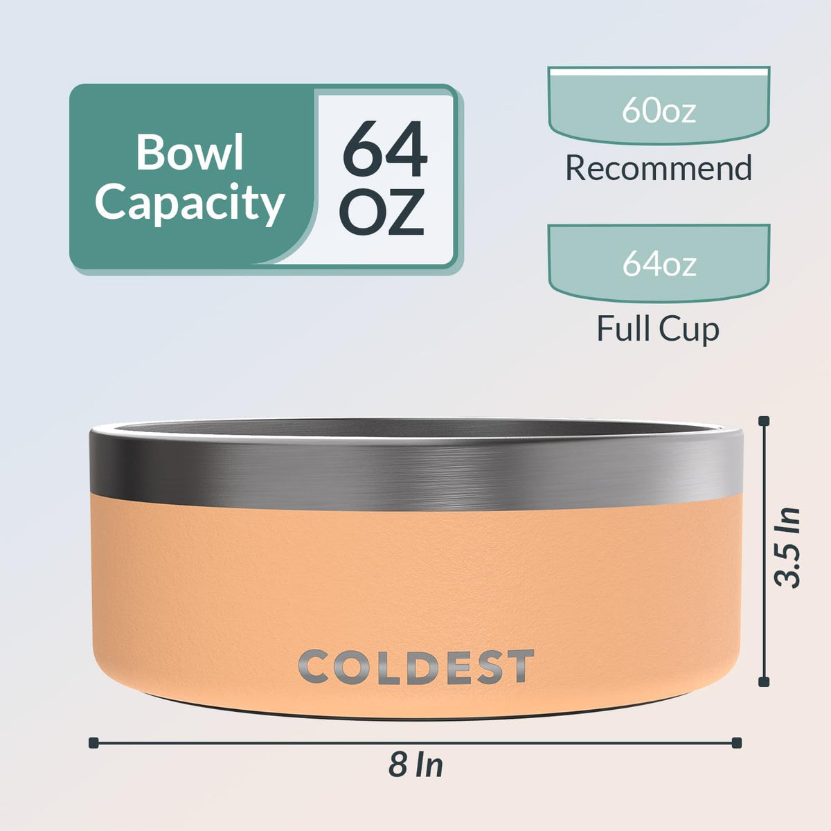 Coldest Dog Bowl - Anti Rust Metal, Non Slip, 3 Layers Insulated Stainless Steel Dog Bowls - Spill Proof & Heavy Duty - Water Bowl for Dogs, Cats & Pets, Dish Washer Safe (64 oz, Sahara Peach) 