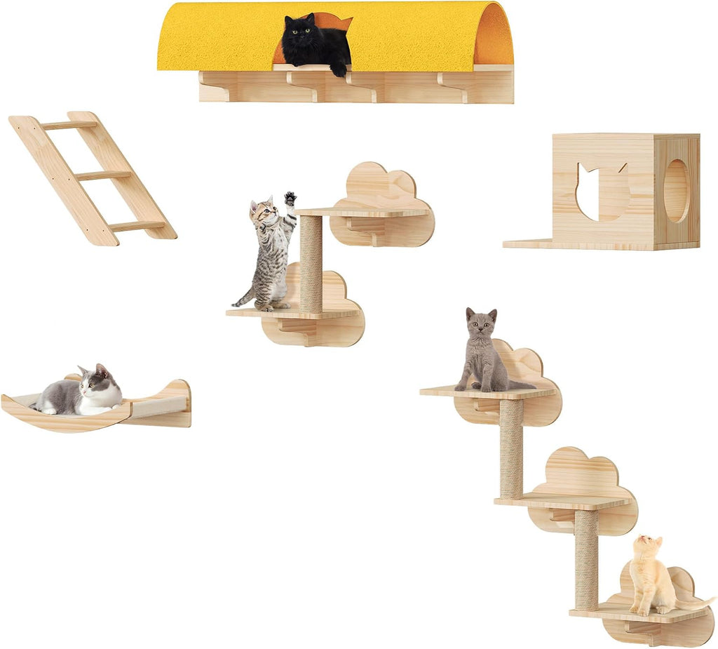 Cat Wall Shelves, 12-in-1 Wood Cat Wall Furniture Set with Tunnel
