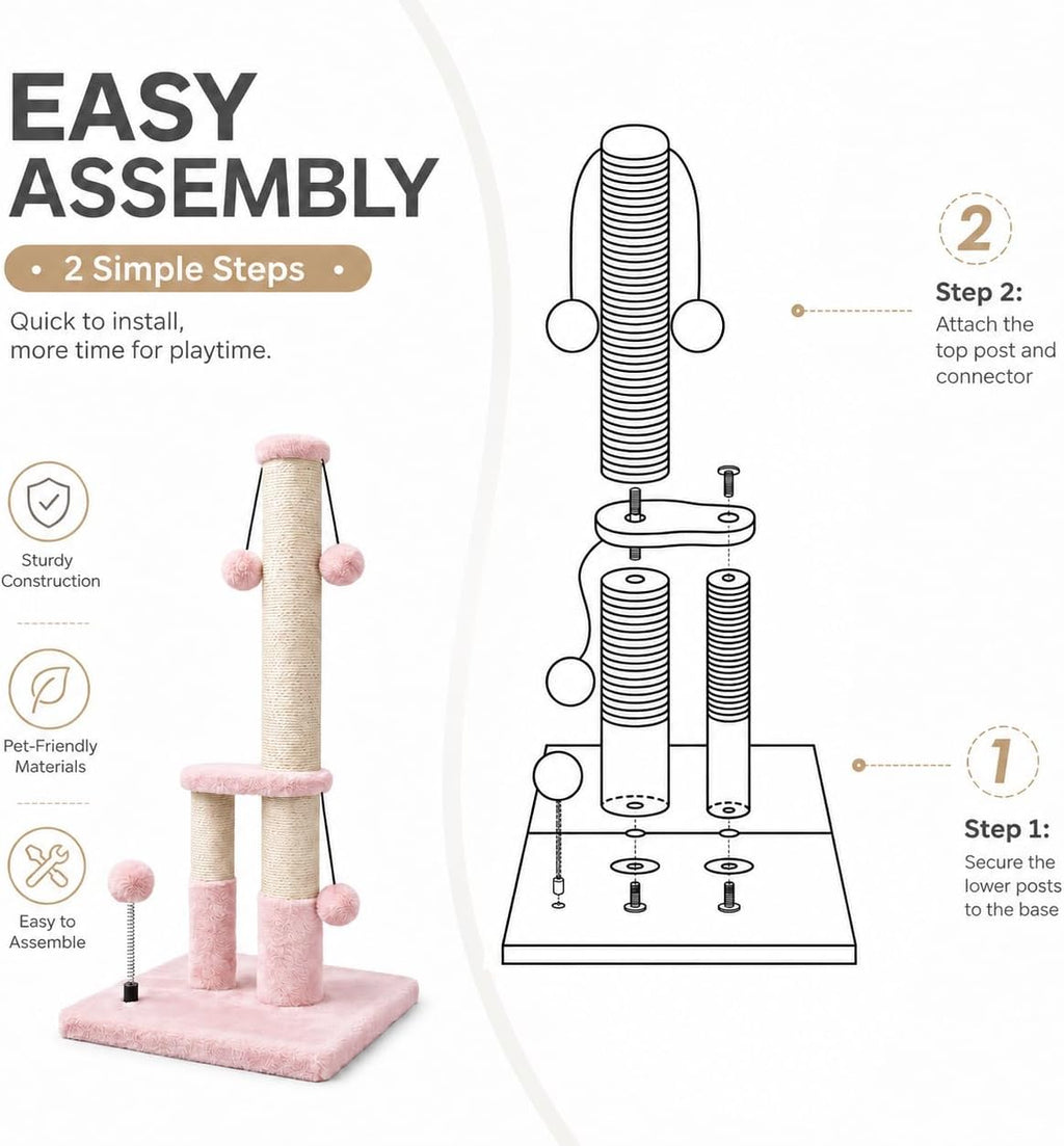 Dimaka Tall Cat Scratching Post, Double Lower Posts Extra Stable Cat Post Tree Scratcher with Sisal Rope and Teasing 4 Balls Total Large Base (Pink)