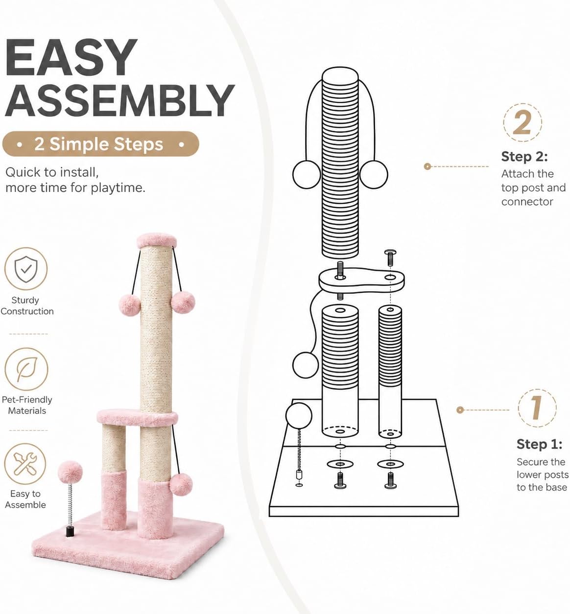 Dimaka Tall Cat Scratching Post, Double Lower Posts Extra Stable Cat Post Tree Scratcher with Sisal Rope and Teasing 4 Balls Total Large Base (Pink)