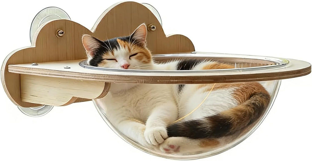 Cat Window Perch, Cloud Wooden Space Capsule Hammock, 2 Installation Ways Suction Cup & Wall Mount Cat Wall Shelf, Large Rest Bed for Indoor Pets Sunbathing & Viewing
