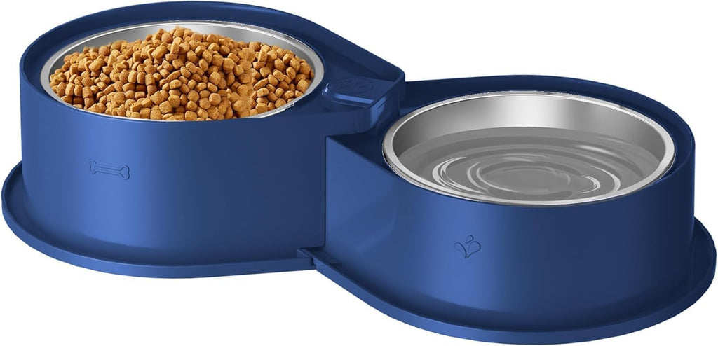 Newget 304 Stainless Steel Dog Bowl Set, 24oz Foldable Pet Dishes, Blue | Dual Food & Water Pet Bowl, Anti-Skid, Keeps Food Fresh, Easy to Install, for Small - Large Dogs/Cats - Indoor & Outdoor Use