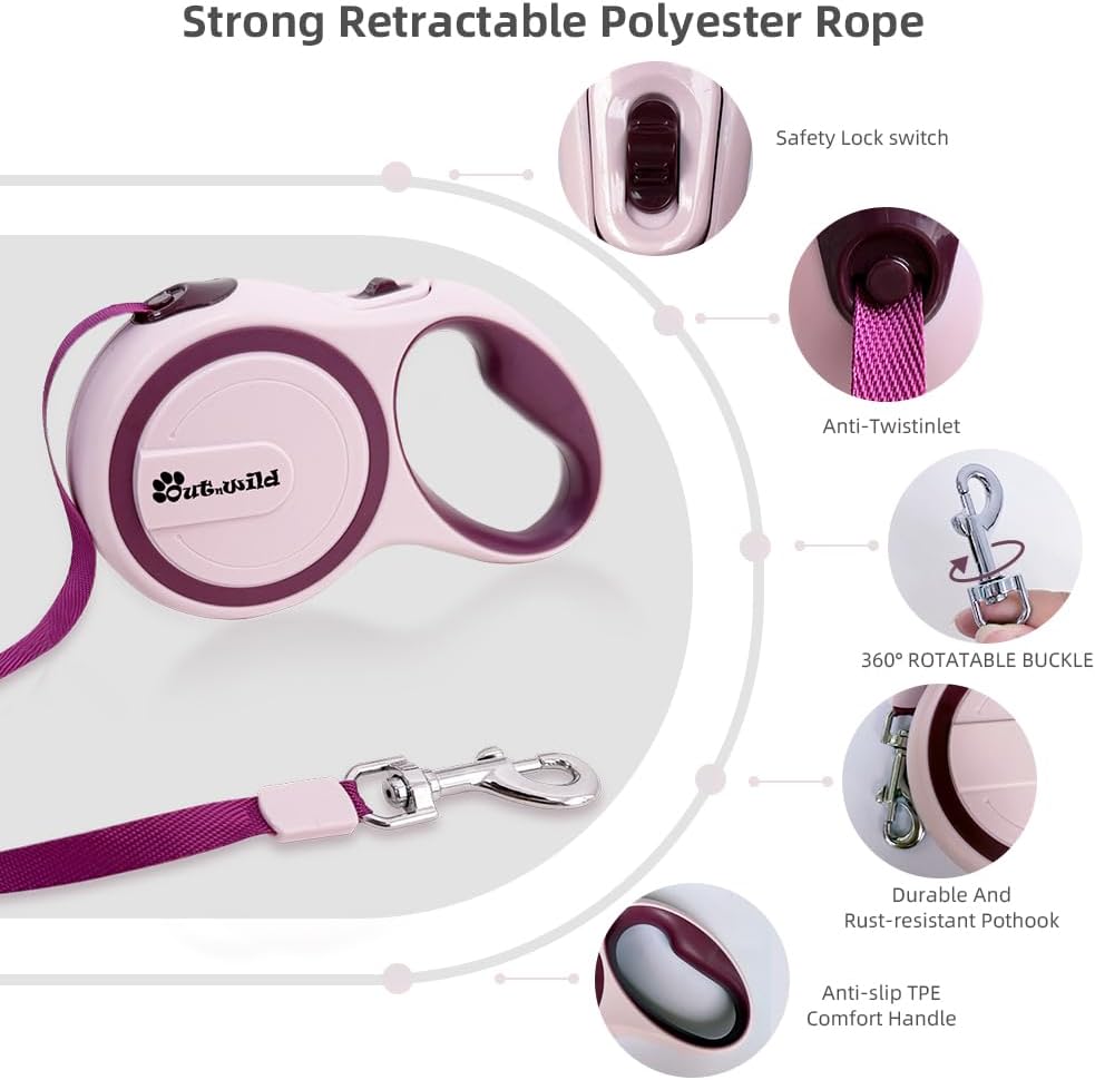 OUTnWILD Retractable Dog Leash - Retractable Dog Leash 16ft for Small/Medium Breeds/Pets Up to 44lbs. 360° Tangle Free Design with One Touch Quick-Lock Braking System&Anti-Slip Handle. (Pink, M)