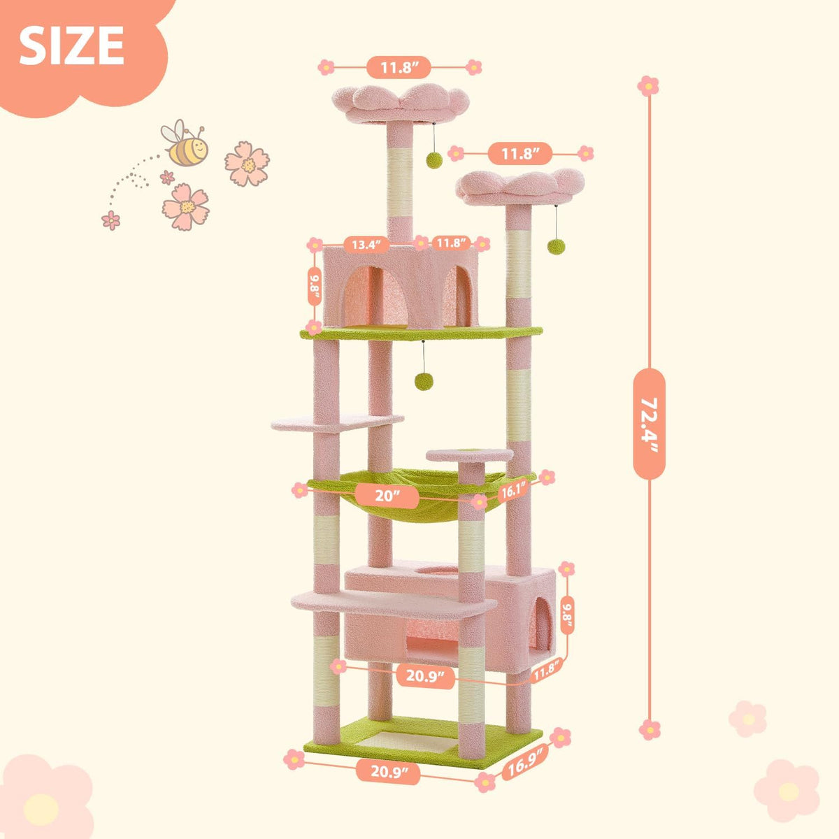 PAWZ Road Flower Cat Tree 72" Cat Tower with Condos&Hammock for Large Cats