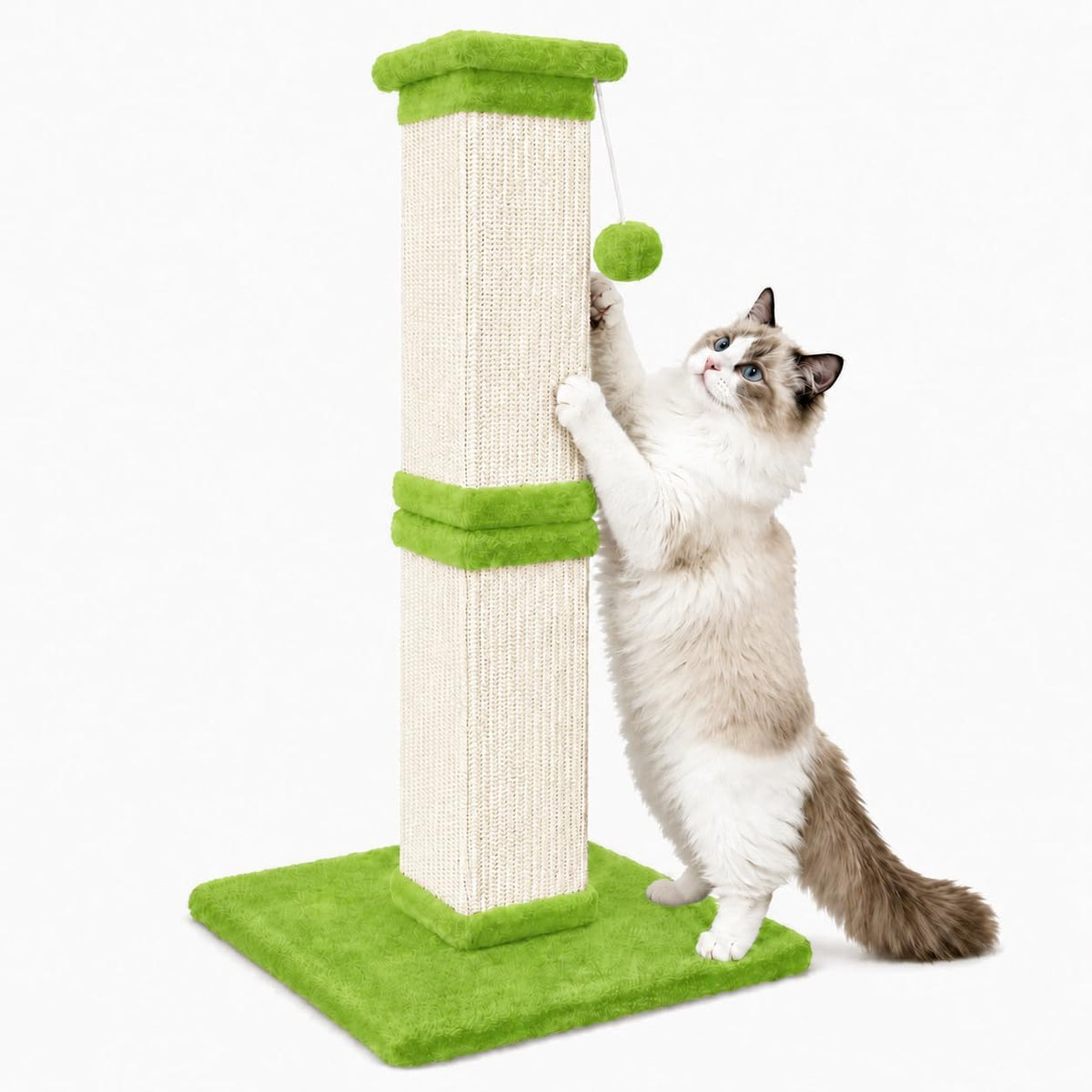 Vertical Cat Scratching Post for Indoor Cats, Sisal Scratch Tower with Soft Plush Base & Dangling Pom Ball, 32'' Tall Cat Scratcher Column for Kittens and Adult Cats, Furniture Protection, Green