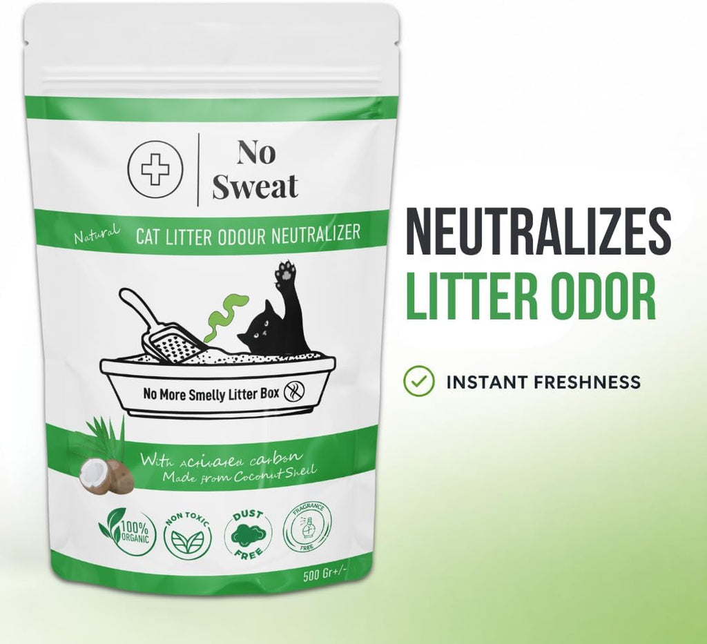 No Sweat Activated Carbon Cat Litter Odour Neutralizer-Made Of Coconut Shell-All Natural-No Chemical,Toxic Ingredients-Unscented-Planet Friendly-Economy Pack-500 GR- Packing May Vary