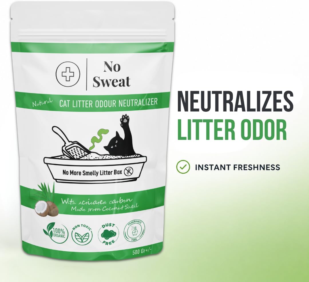 No Sweat Activated Carbon Cat Litter Odour Neutralizer-Made Of Coconut Shell-All Natural-No Chemical,Toxic Ingredients-Unscented-Planet Friendly-Economy Pack-500 GR- Packing May Vary