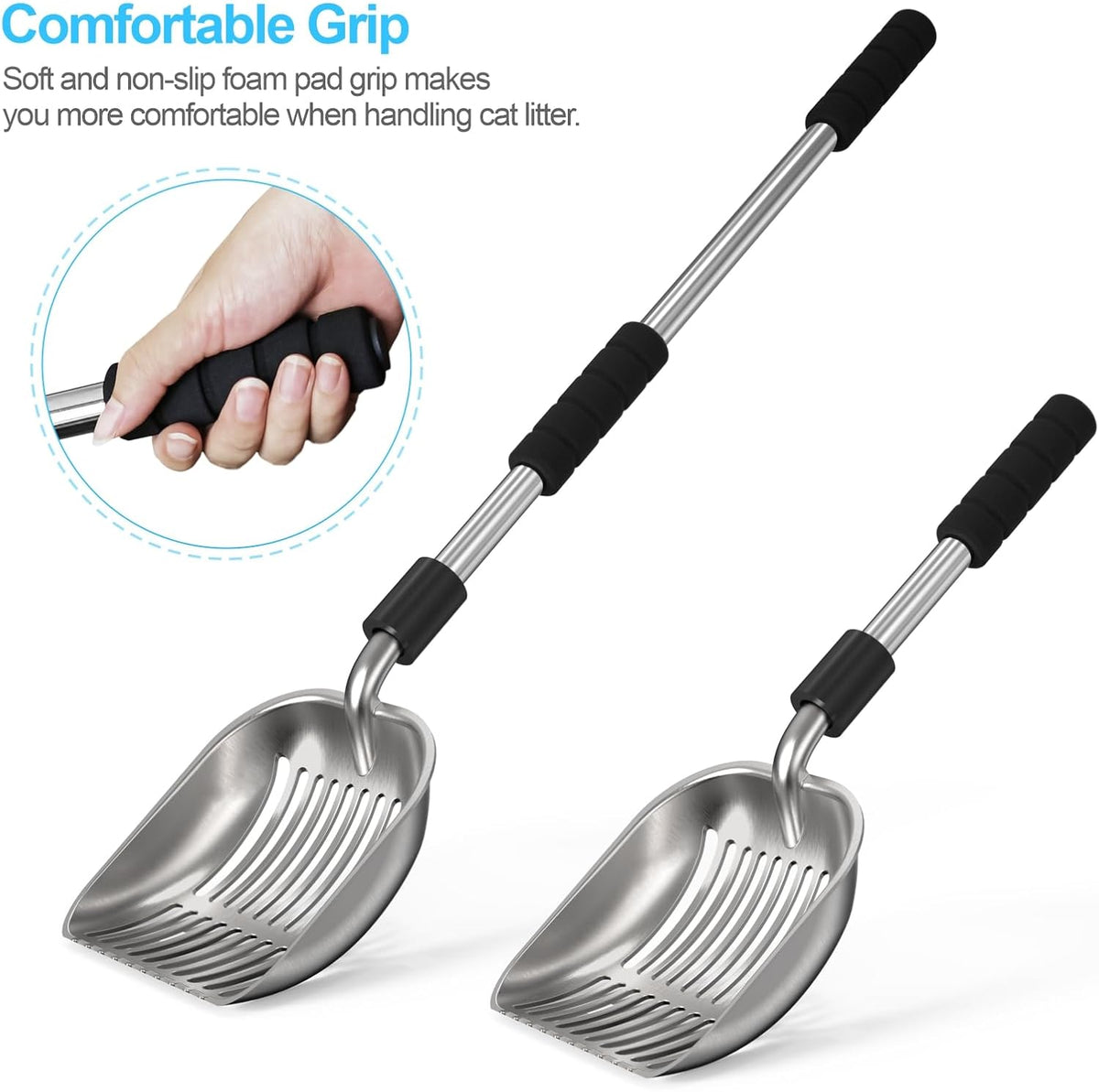 Depets Cat Litter Scoop, Long Handle Metal Litter Scooper - No Bending | Detachable, Deep Shovel, Comfort Foam Grip, Easy & Fast Sifting, Heavy Duty Stainless Steel, Litter Sifter with Storage Hook