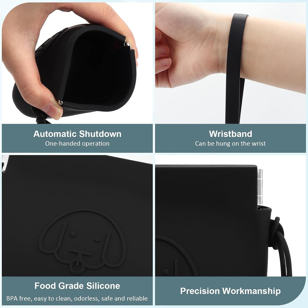 WALLFID Silicone Dog Treat Pouch, Auto Closure, with Pet Training Clicker, Walking Bag for Dog and Cat, Pocket Size, Easy to Clean, Odorless, Travel Bag (Black)