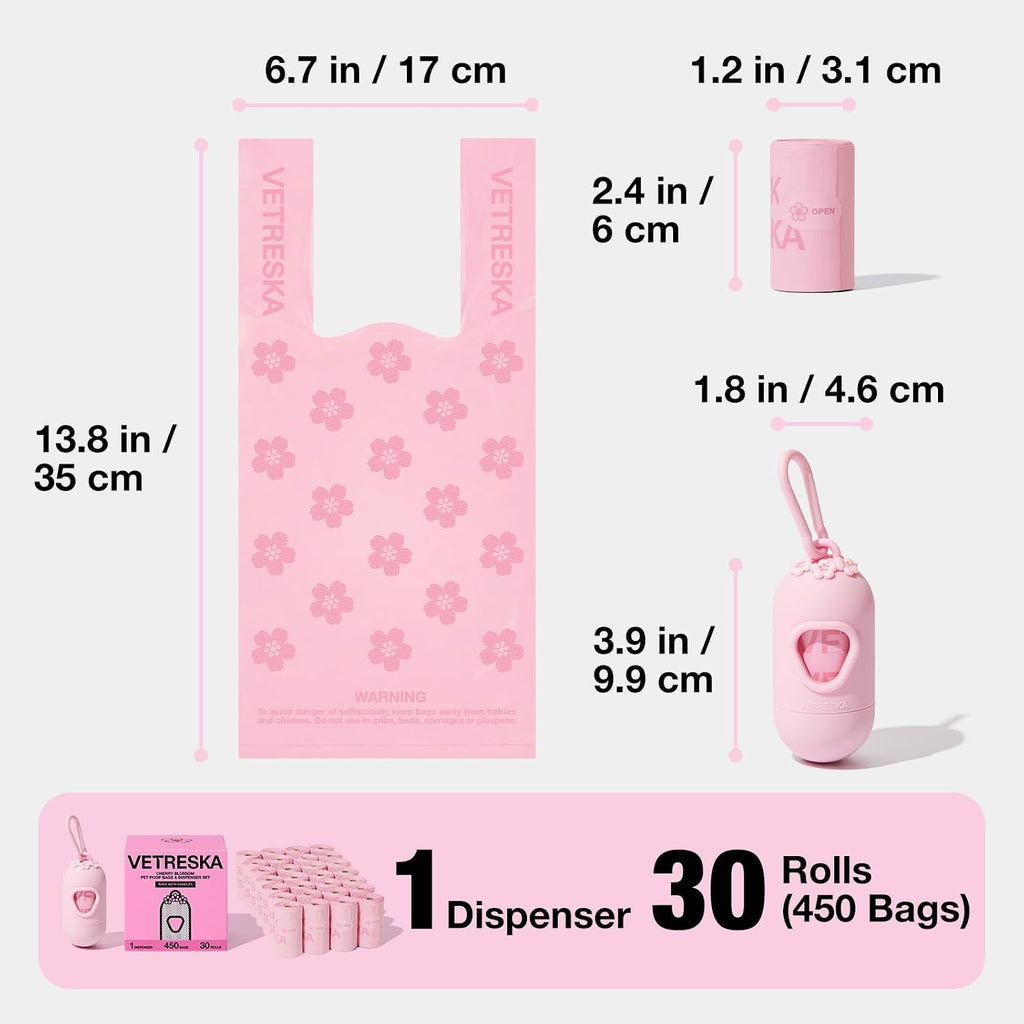 VETRESKA Dog Poop Bags with Handles 450 Count, Floral Scented Waste Bags | Leak-Proof Thick Dog Bags for Poop, Easy-Tie Large Poop Bags, 30 Refill Rolls with 1 Dispenser for Dog Walking Cat Litter