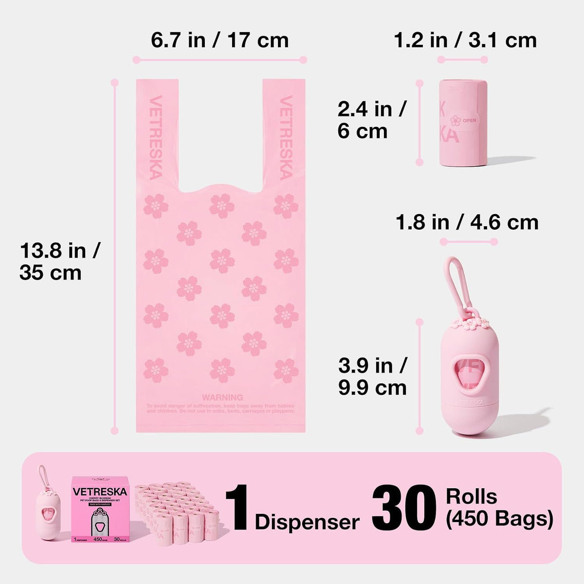 VETRESKA Dog Poop Bags with Handles 450 Count, Floral Scented Waste Bags | Leak-Proof Thick Dog Bags for Poop, Easy-Tie Large Poop Bags, 30 Refill Rolls with 1 Dispenser for Dog Walking Cat Litter