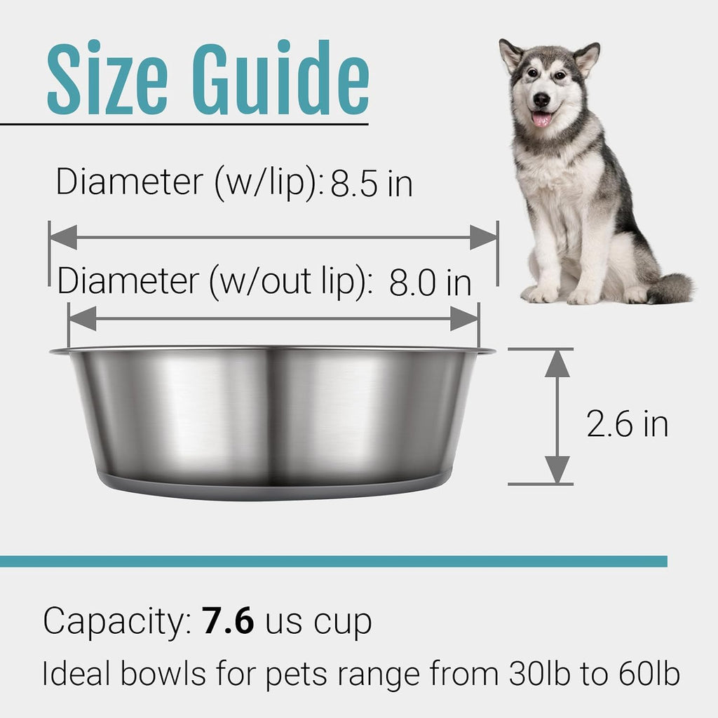 Nonslip Stainless Steel Dog Bowls, 7.6 US Cup, 2 Count | No slide silicone bottom, Dishwasher safe, Easy to clean, Stackable design 
