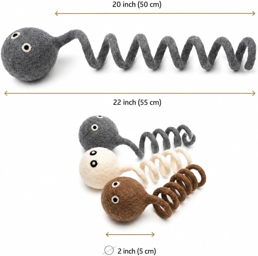 Glaciart One Wool Felt Spring Cat Toys, 3 Pack Handmade Stretchy Coil Springs for Indoor Cats & Kittens, Interactive Fuzzy Cat Toy, AZO-Free Dyes, 4 Inch