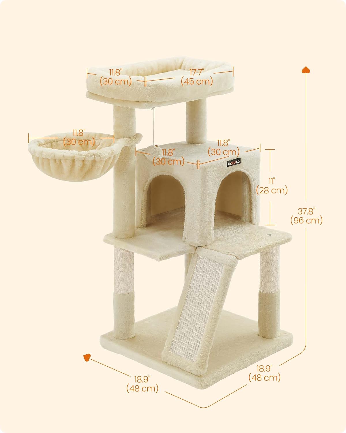 Feandrea Cat Tree, 37.8-Inch Tall Cat Tower, Multi-Level Condo, Beige