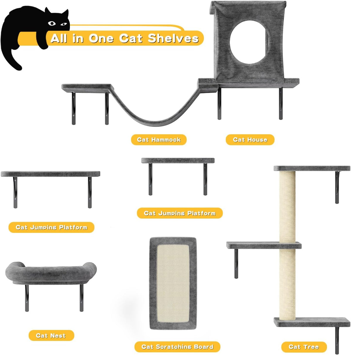 12-in-1 Cat Wall Shelves, Luxury Wall-Mounted Cat Shelves, Dark Gray