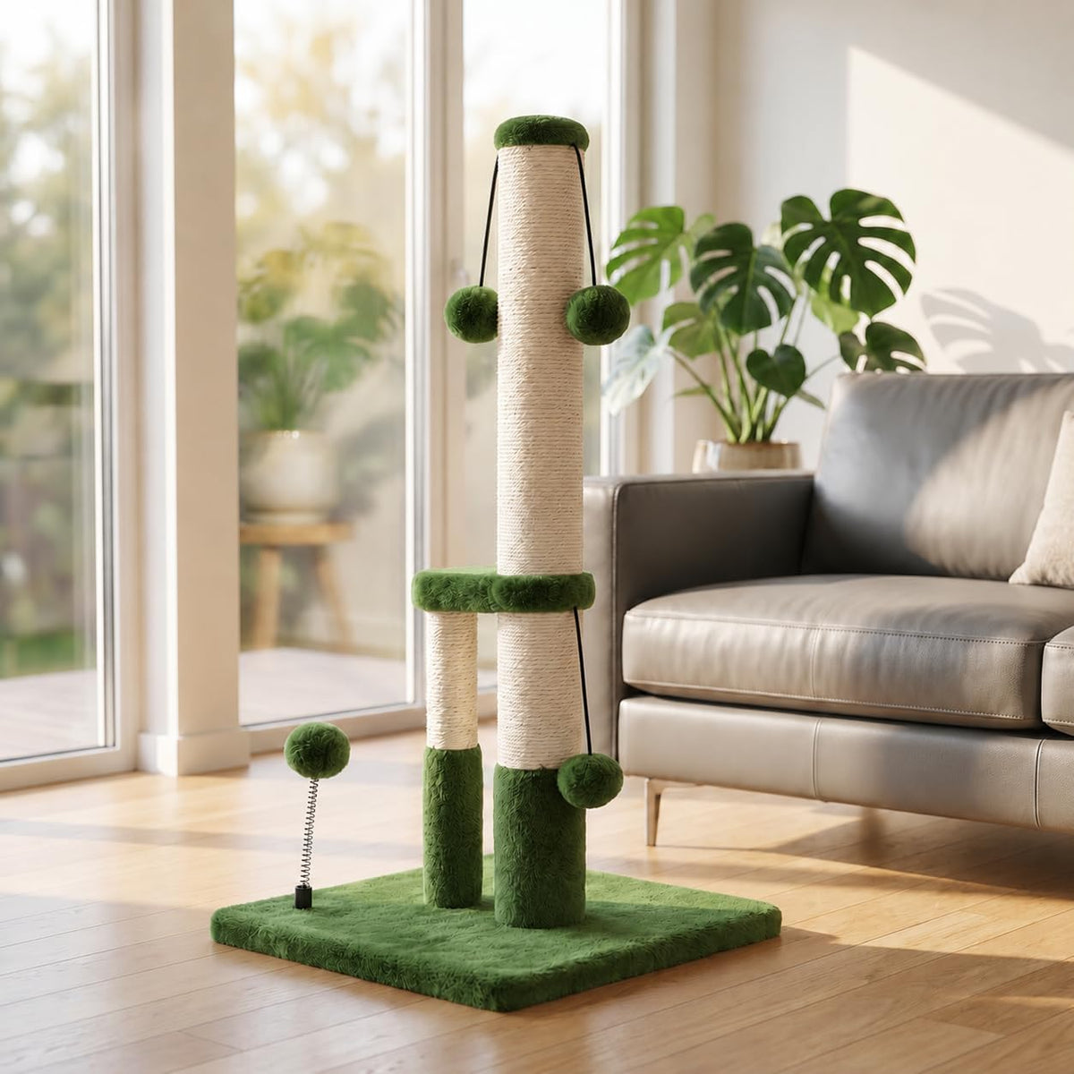 Dimaka Tall Cat Scratching Post, Double Lower Posts Extra Stable Cat Post Tree Scratcher with Sisal Rope and Teasing 4 Balls Total Large Base (Green)
