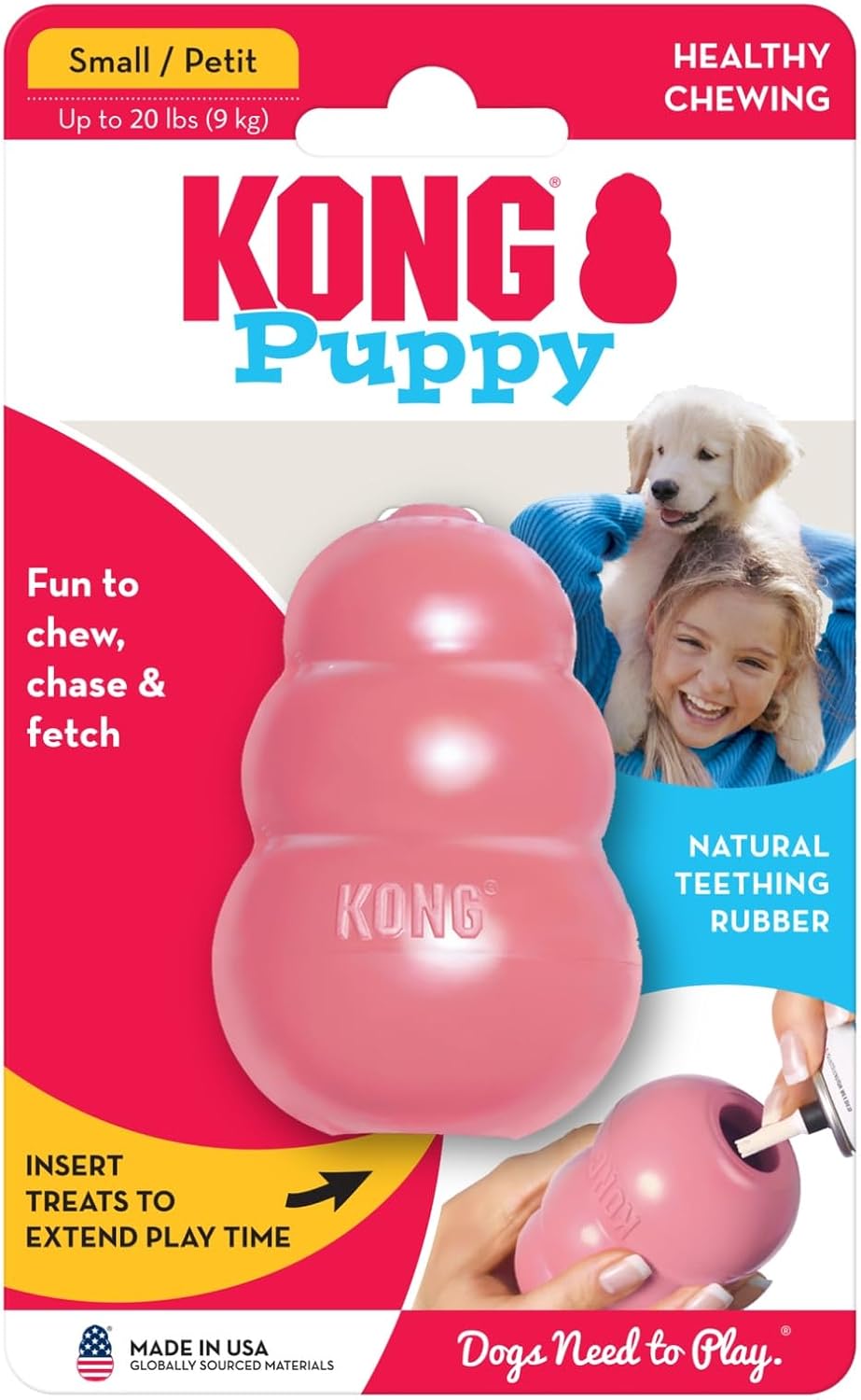 KONG Puppy, Natural Rubber Teething Chew Toy, for Small Puppies, Pink | Gentle Natural Teething Rubber Toy, Stuffable for Treats & Built for Chewing & Fetch with Growing Puppies