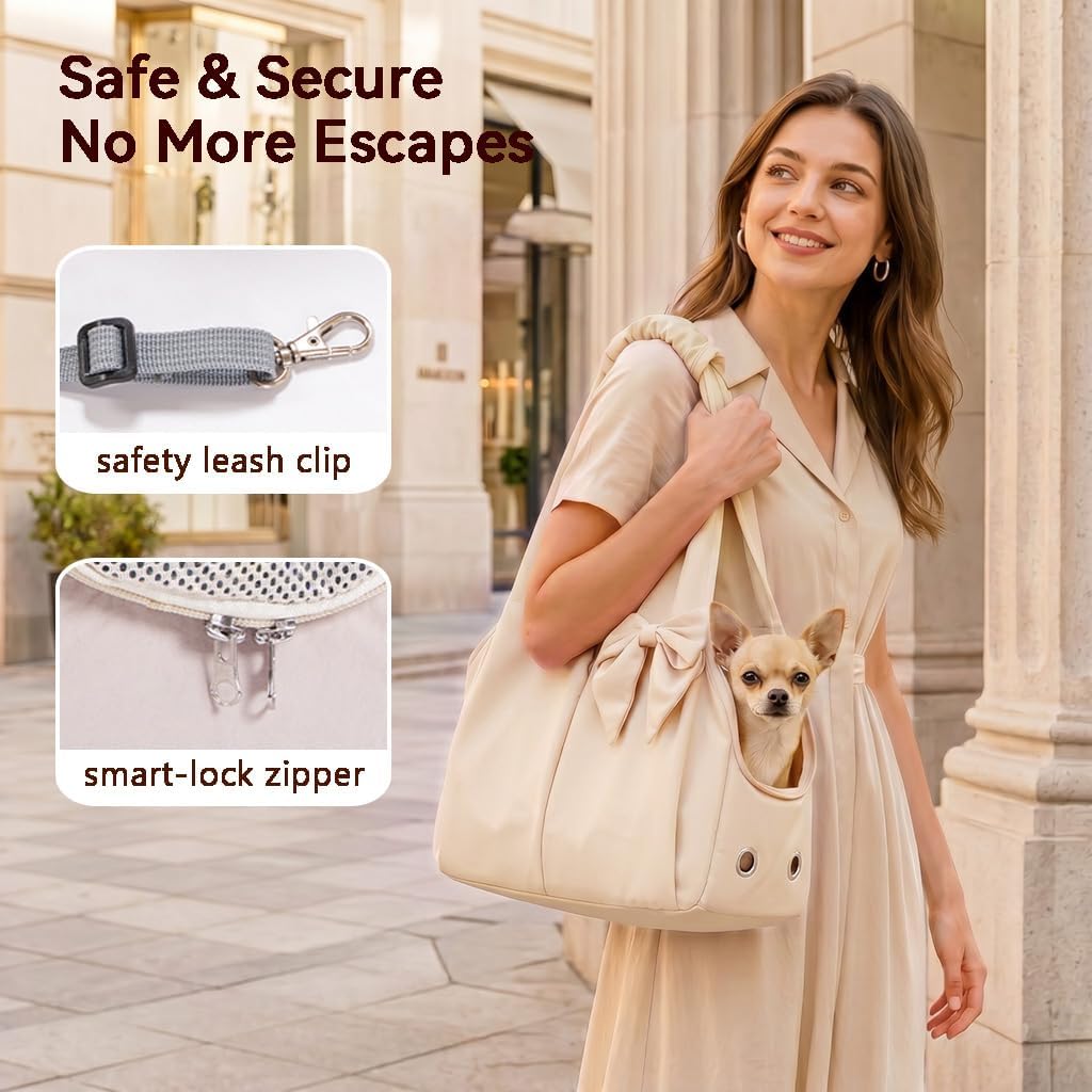 Fashion Dog Purse Carrier for Small Dogs and Cats, Soft-Sided Puppy Tote Bag Up to 6 lbs, Lightweight Pet Carrier with 4 Pockets, Smart Zipper Lock, Pet Travel Bag for Travel Outdoor(Beige)