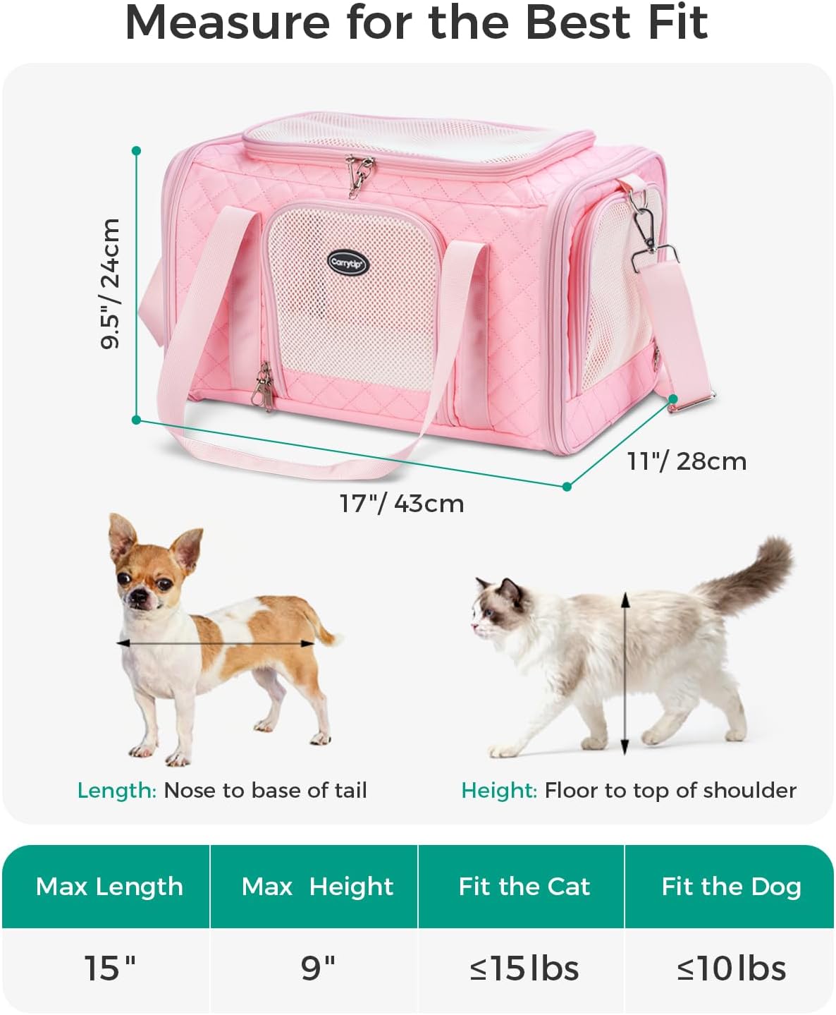 Cat Carrier Airline Approved, Soft Pet Carrier, 17x11x9.5 in, Pink