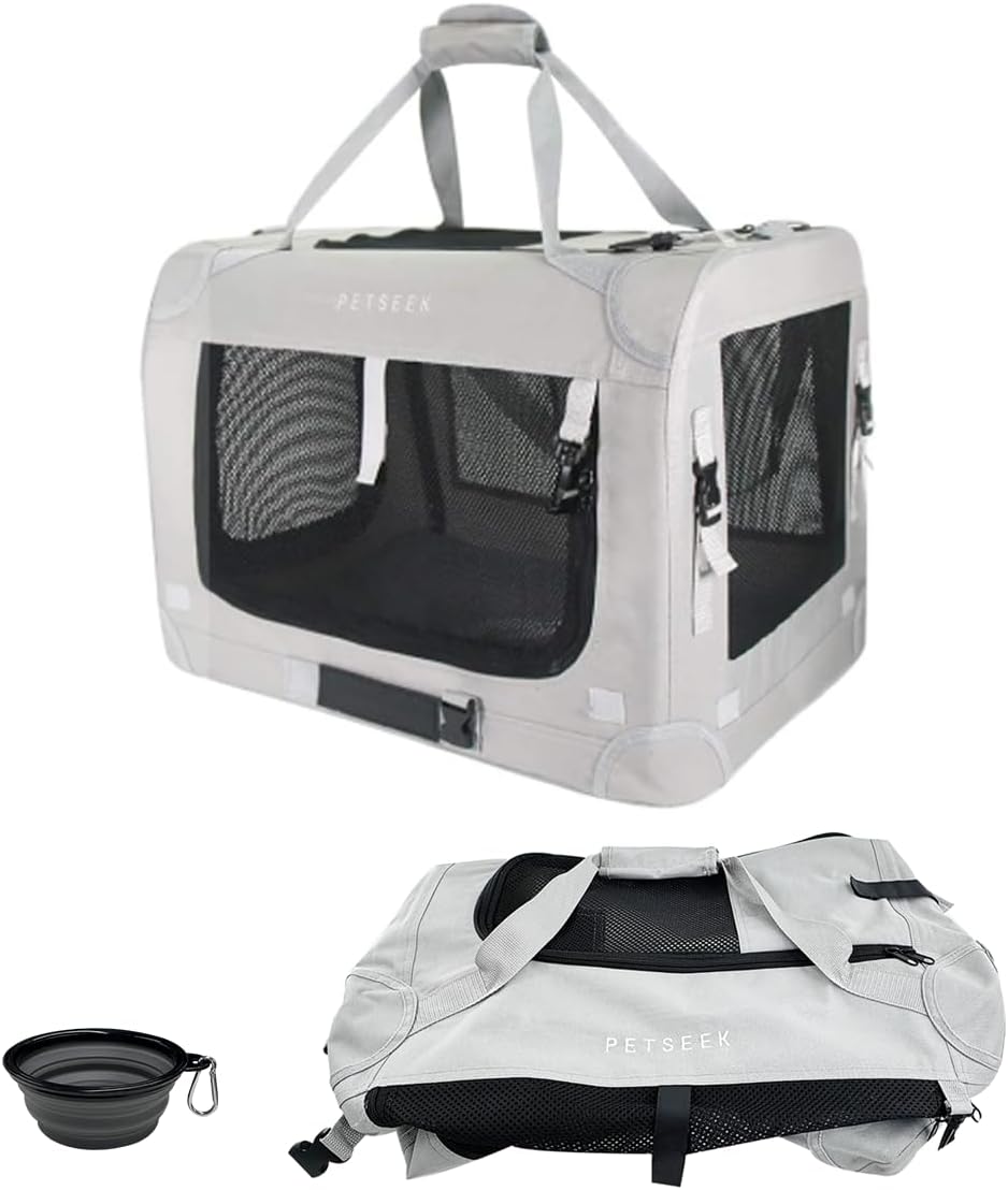 Extra Large Cat Carrier Soft Sided, Portable Small Dog Carrier for 2 Cats, 24"x16.5"x16" Car Travel Folding Comfortable Design, Grey with Another Cover