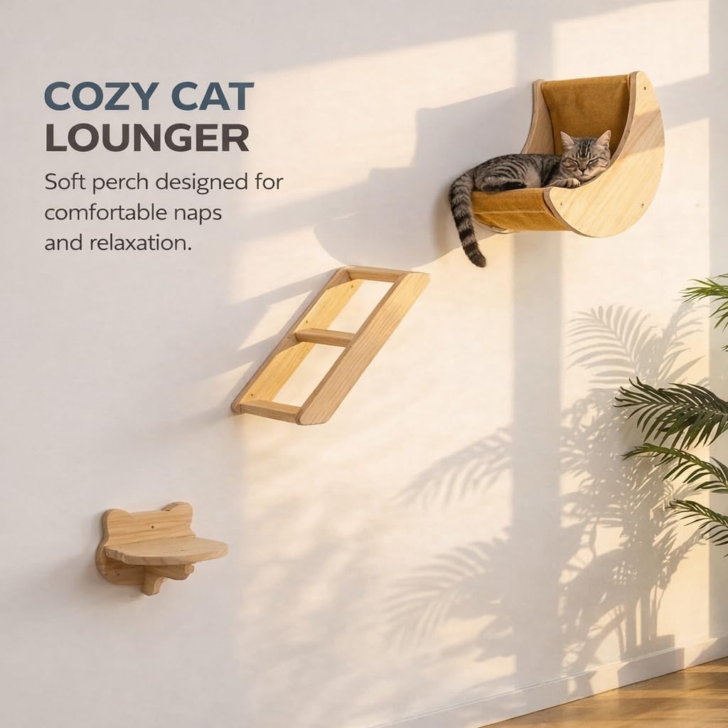 Cat Wall Shelves Set,Solid Wood Moon Bed,Perch & Stair for Climb and Rest