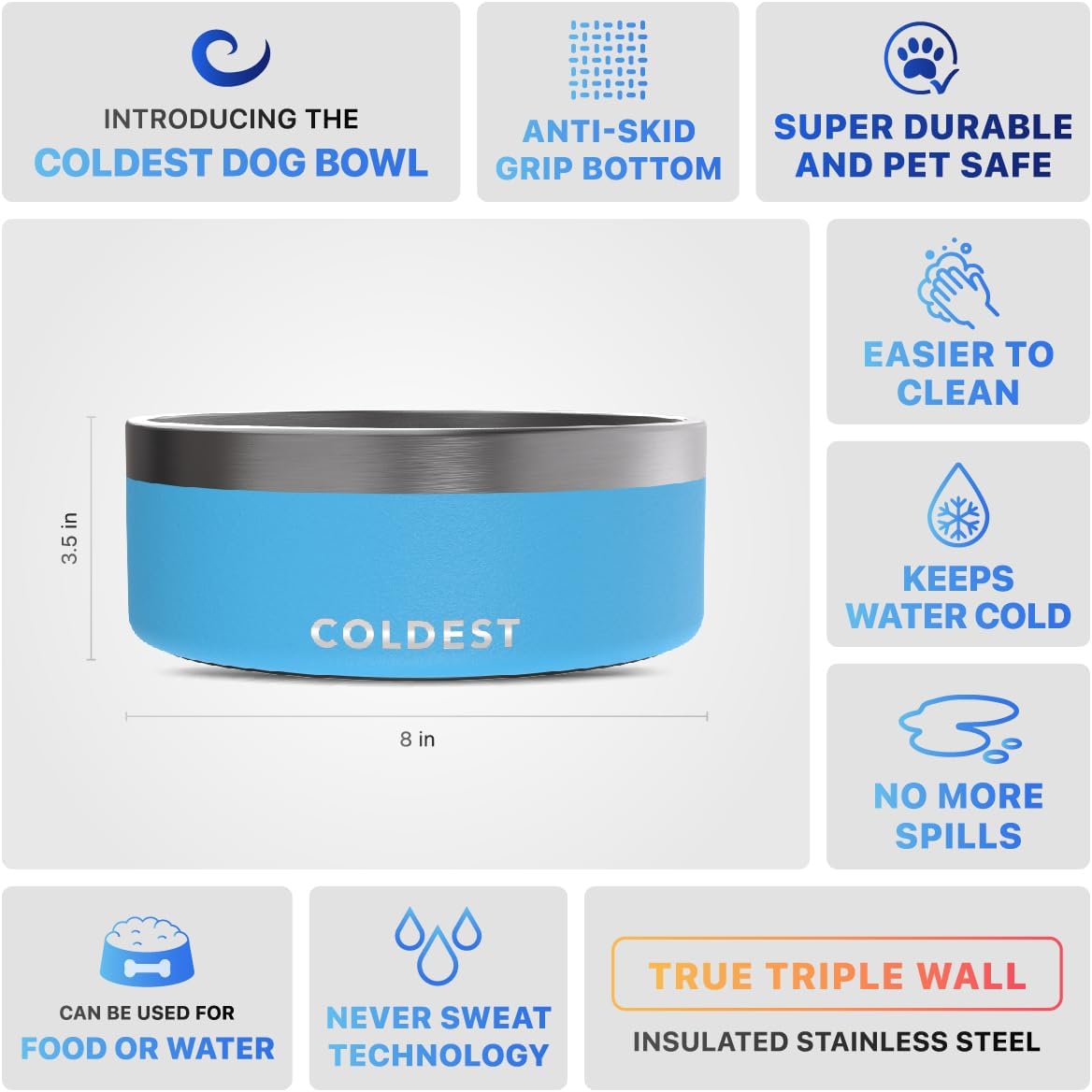 Coldest Dog Bowl - Anti Rust Metal, Non Slip, 3 Layers Insulated Stainless Steel Dog Bowls - Spill Proof & Heavy Duty - Water Bowl for Dogs, Cats & Pets, Dish Washer Safe (64 oz, Celestial Blue) 