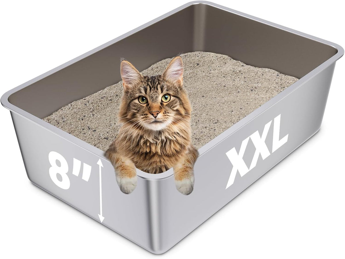 Stainless Steel Litter Box XXL, Metal Litter Box 8 inch Deep | 23.6"x15.8"x8" Extra Large Steel Litterbox for Big Cats, Non Stick Surface, Easy to Clean, High Sided