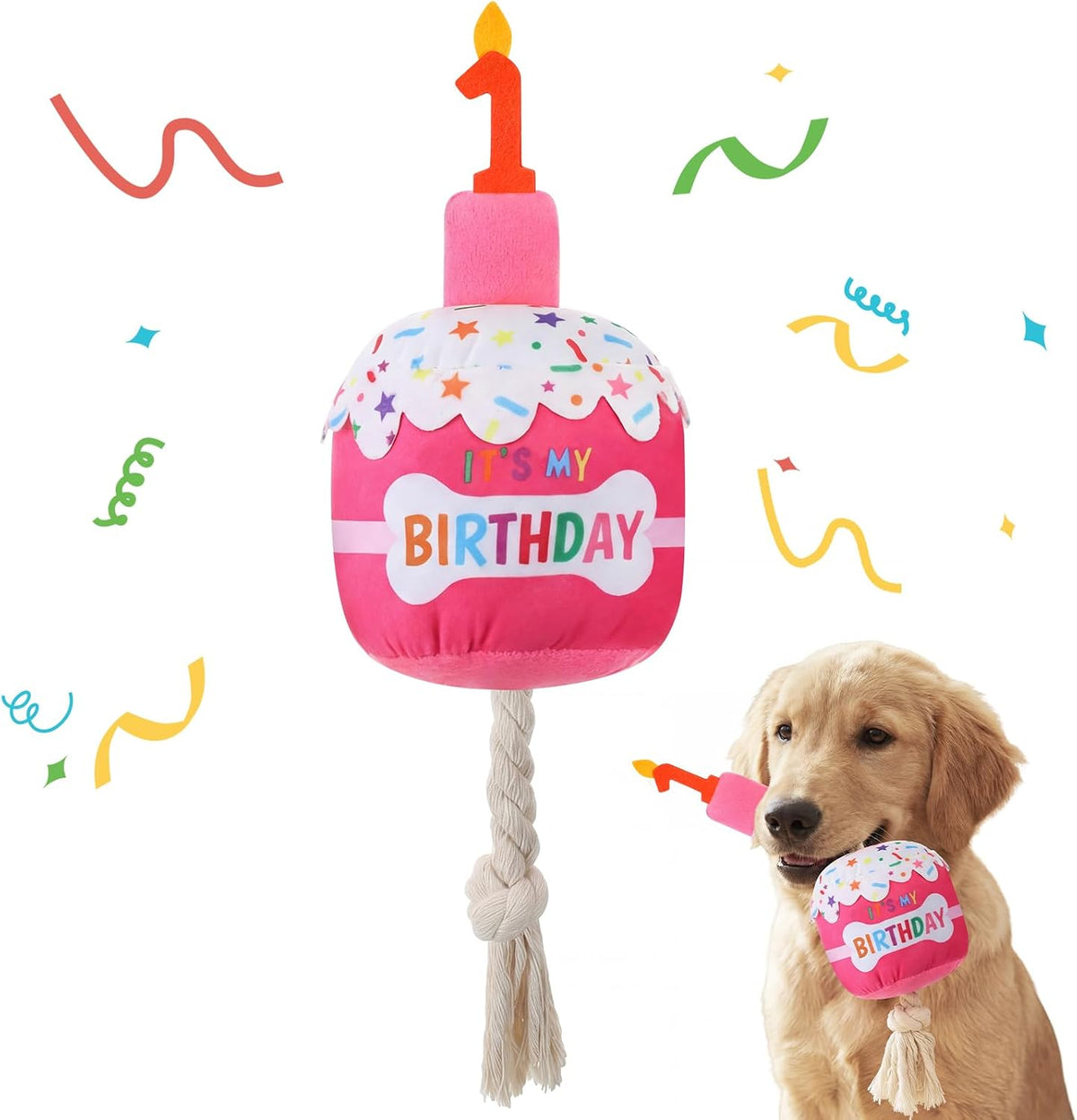 Dansydaisy Dog Birthday Cake Toy Squeaky Plush Gift,1st,Rose Pink | Interactive Squeaky Gift for Dogs, Dog Birthday Decor , Soft Chew for Small Medium Large Pets, Cake Design with Candle