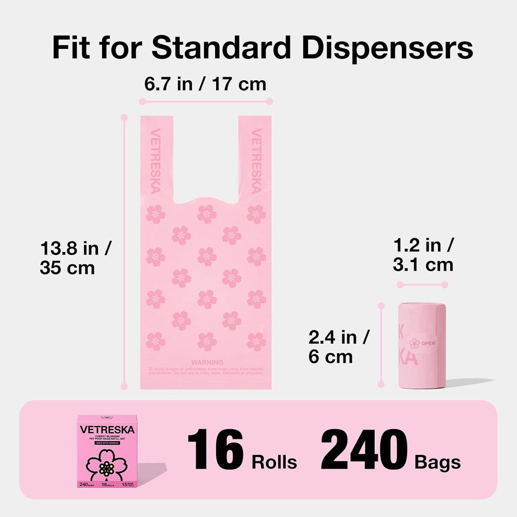 VETRESKA Dog Poop Bags with Handles 240 Count, Floral Scented Waste Bags | Leak-Proof Thick Dog Bags for Poop, Easy-Tie Large Poop Bags, 16 Refill Rolls for Dog Walking Cat Litter