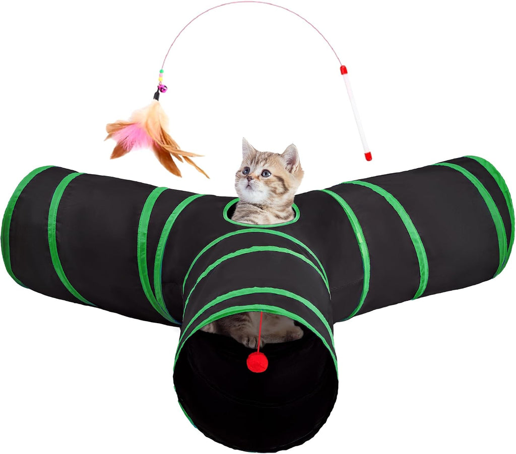 Tempcore Cat Tunnel, 3-Way Collapsible Toy, Large Size Black & Green | Large Size 3-Way Cat Tunnel Provides More Room for Cats to Run, Hide and Chase, with Peek Holes, Hanging Ball and Teaser Wand