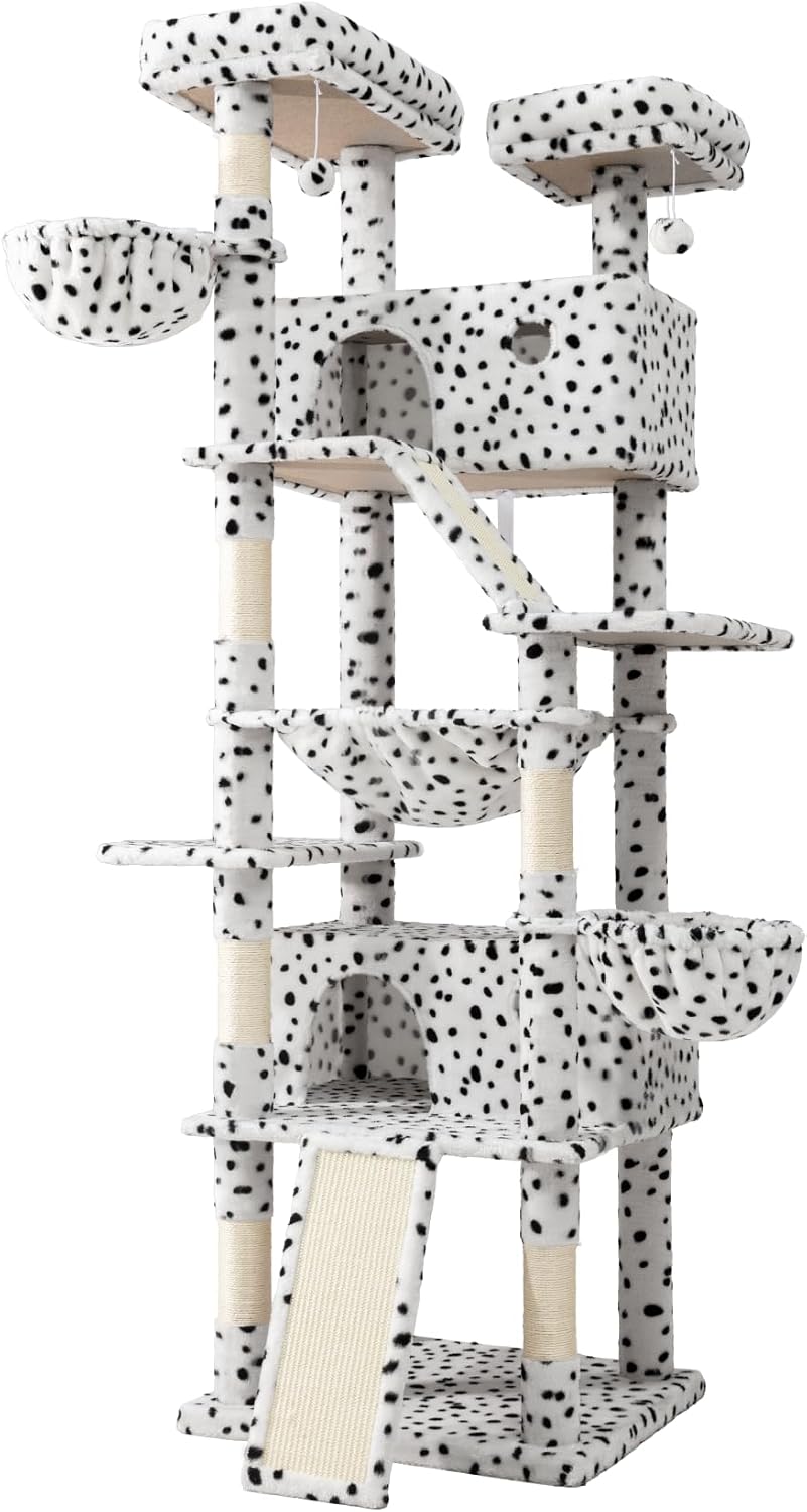SHA CERLIN 81in Multi-Level Tall Cat Tree Tower for Indoor Kitties/Larger Cat Condo Furniture with Hammock/Cozy Pussycat Perches/Sisal Scratching Posts/Pet House/Wide Base/White & Black Spot