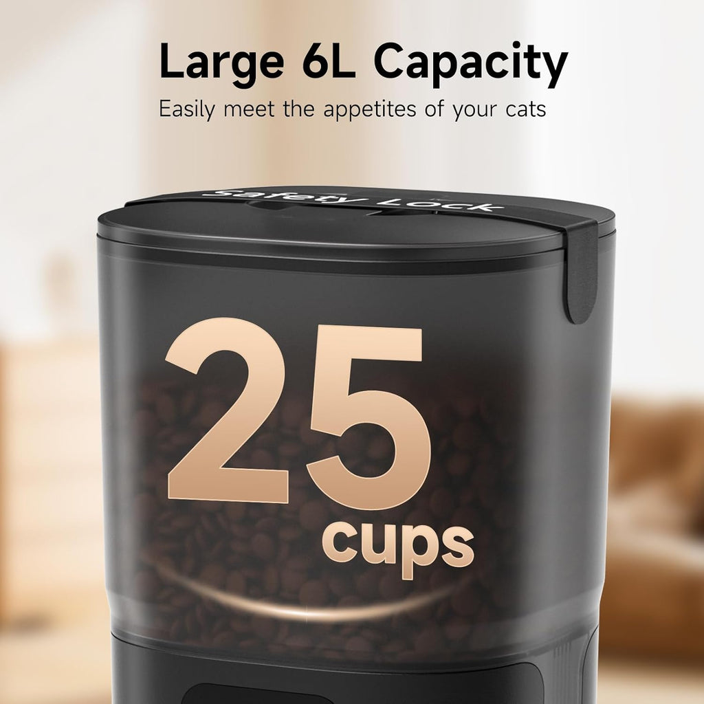 PAPIFEED Automatic Cat Feeder with App, 5G WiFi Auto Cat Feeder, 6L Slow-Feed Cat Food Dispenser for Dry Food, Dual Power Supply Timed Pet Feeder for Small Dog, 10 Meals/Day, 12 Portions/Meal, Black