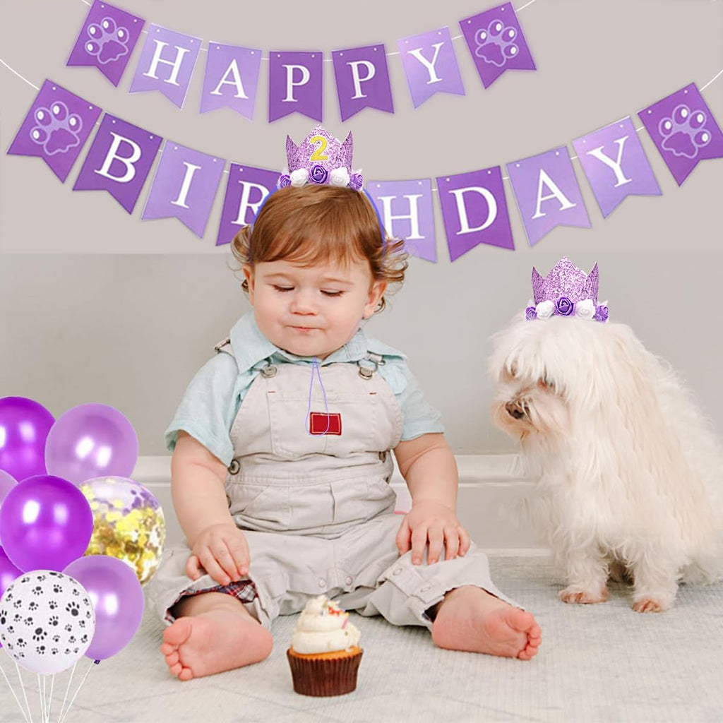 PET SHOW Dog Birthday Party Favors Decorations Purple Crown Hats with Bandana and Collar Bowties Charms Costume Set Puppy Cat Celebration Outfit with 0-9 Figures Banner & Ballons Grooming Accessories