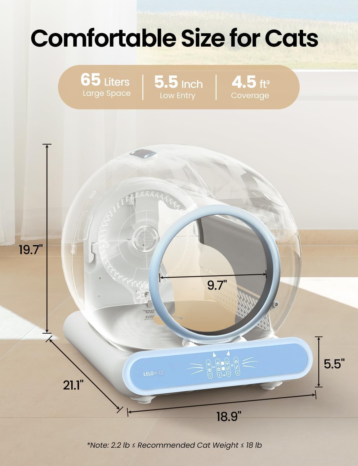 Self Cleaning Litter Box, Integrated Safety Automatic Cat Litter Box Self Cleaning 65L+9L for Multiple Cats, App Control, Odor Removal, Includes Mat & Liner (3 Rolls) - Blue